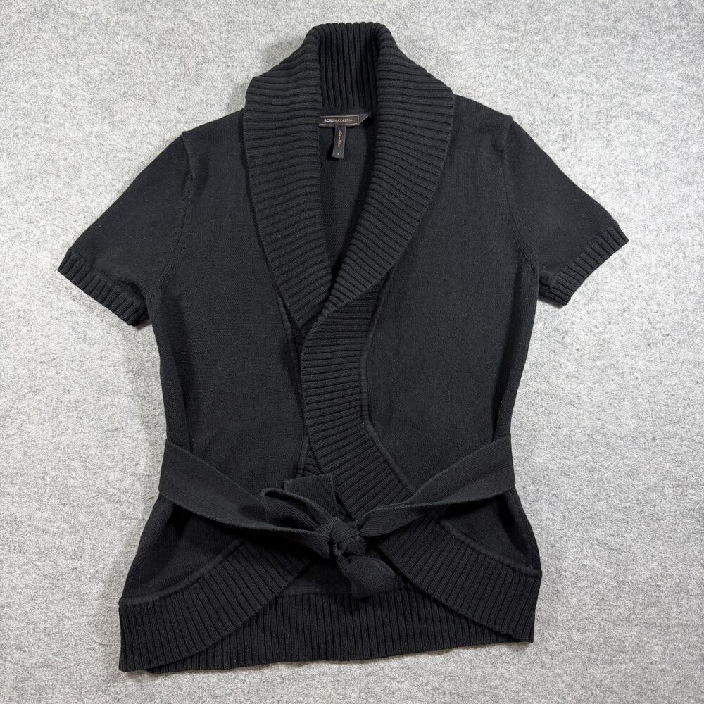 BCBGMAXAZRIA Cardigan Sweater Womens S Black Wrap Front Tie Belt Shawl Collar